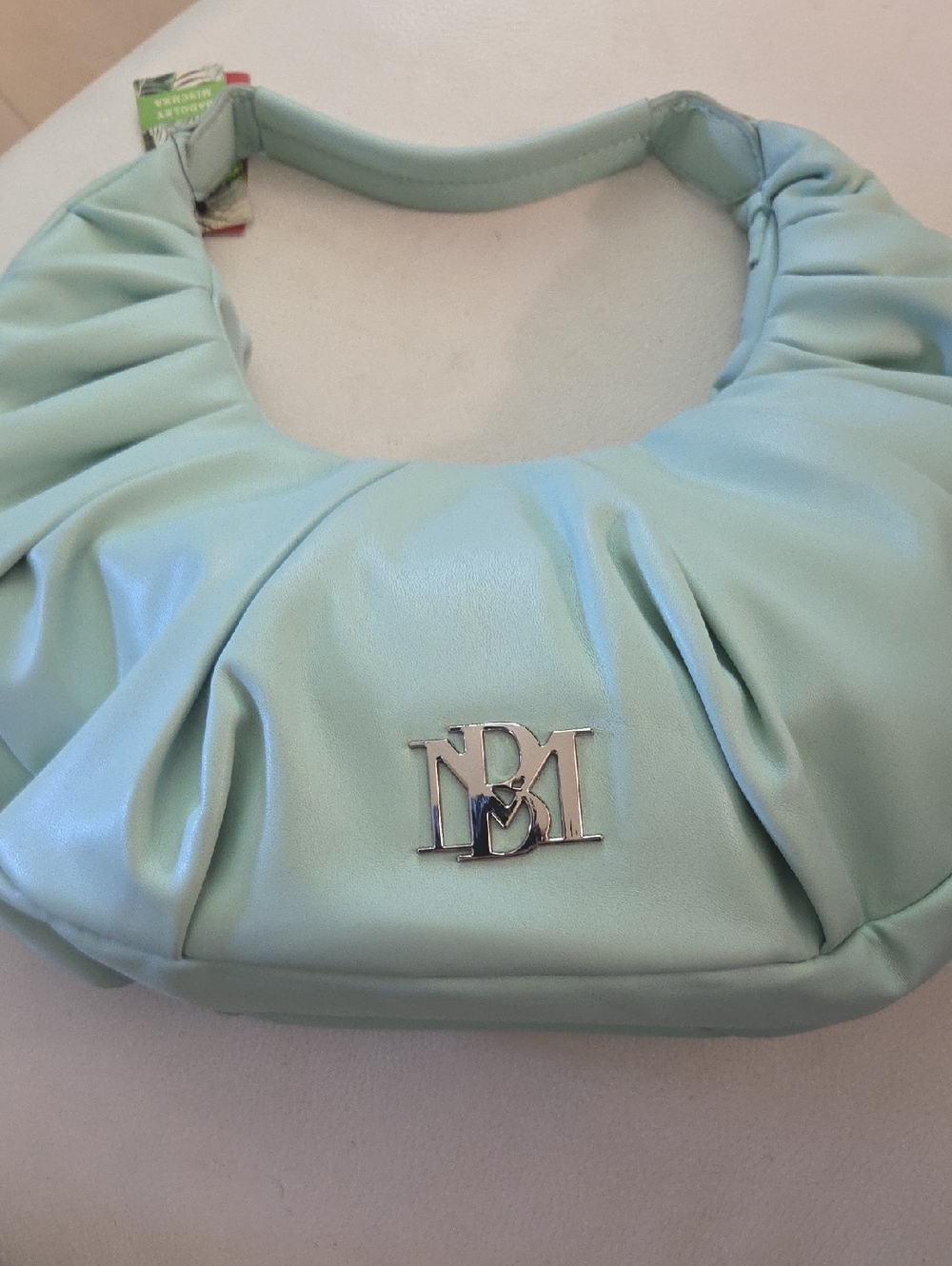 Badgley Mischka Mint Green Ruché Hobo with Silver Logo - Picture 1 of 5